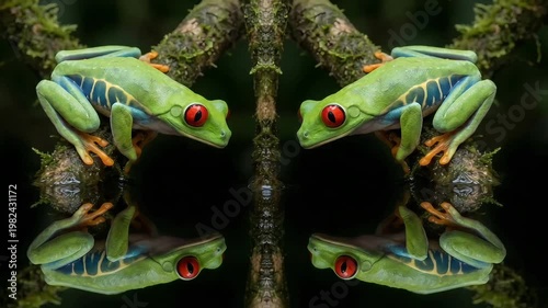 Stunning mirror image of two exotic red-eyed tree frogs on a dark, reflective surface.