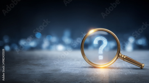 Magnifying glass highlighting a question mark over a digital surface representing inquiry, problem solving and analytical search for answers.
