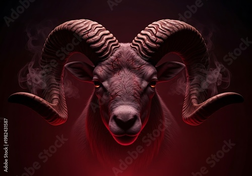 Red Demonic Ram with Large Curved Horns and Smoke. Generative Ai