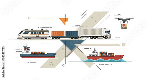 Global Logistics and Transportation Concept with Freight Train, Cargo Ship, Semi Truck, and Delivery Drone Illustration for Supply Chain Management and International Trade