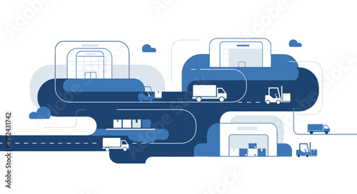 Modern Logistics and Supply Chain Management Illustration with Delivery Trucks, Forklifts, and Warehouses in Flat Vector Style