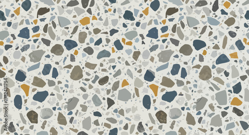 The image displays a colorful terrazzo pattern with various stones on a white background.