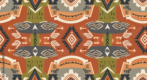 Geometric pattern features abstract shapes in orange, green, and gray hues.