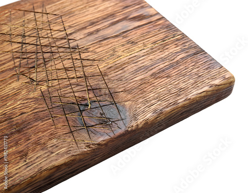 Textured Wooden Chopping Board Surface Featuring Authentic Knife Marks and Scratches Isolated Rustic Timber Kitchenware Element for Realistic Culinary Food Design Mockup