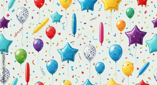 A vibrant festive scene with balloons, confetti, stars, streamers, and decorations floating in air.