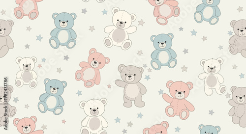 A digital illustration of cute pastel-colored teddy bears and stars on a white background
