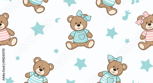 Cute teddy bears wearing colorful outfits sit among blue stars and moons on a soft surface.
