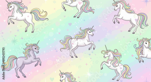 A magical scene of white unicorns prancing on a vibrant rainbow-colored background with pastel hues and sparkles.