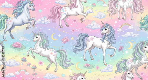 Whimsical unicorns gallop freely in a vibrant, dreamy landscape with pastel clouds and flowers.