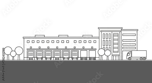 Logistics Warehouse and Distribution Center Line Art Illustration with Delivery Truck and Loading Docks