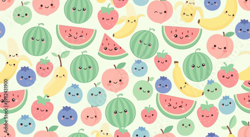 Colorful cartoon fruits and smiling faces pattern on cream background