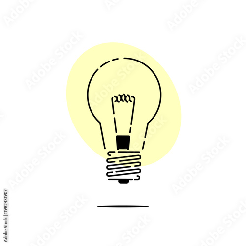 A minimalist line art illustration of an incandescent light bulb with a soft yellow spot color glow. Bold filament detail rendered in a loose, expressive stroke with dashed outline accents.