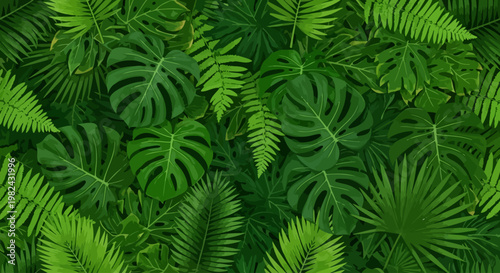 Lush green tropical leaves fill the frame densely in a vibrant jungle scene