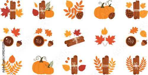 Autumn Seasonal Vector Illustration Set Featuring Cozy Fall Elements Including Pumpkins, Cinnamon Sticks, Maple Leaves, Pinecones, Acorns, and Hot Coffee Cups