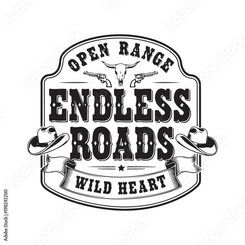 Black and white cowboy themed logo with guns and bull skull isolated on white background