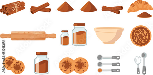 Baking and Pastry Vector Illustration Set Featuring Cinnamon Sticks, Powdered Spices, Rolling Pin, Mixing Bowl, Croissant, Cookies, and Professional Measuring Kitchen Tools