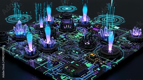 Futuristic Circuit Board with Neon Lights.