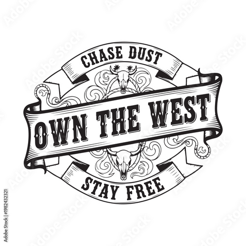 Western style illustration with cow skull and ribbons isolated on white background