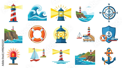 A collection of nautical icons featuring lighthouses, waves, life preservers, anchors, compasses, and ships, representing maritime themes and safety.