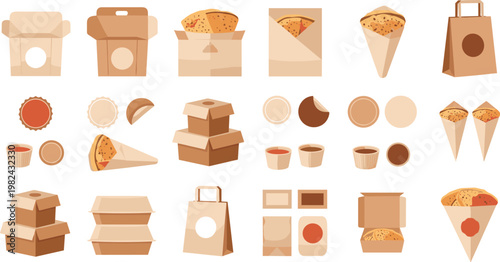 Eco-Friendly Kraft Paper Fast Food Packaging Set Featuring Takeaway Boxes, Delivery Bags, Pizza Cones, Sauce Cups, and Paper Wraps for Sustainable Branding