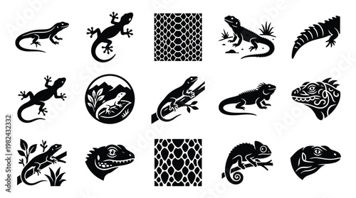 Collection of black and white silhouette icons featuring various lizards and reptilian motifs, including detailed illustrations and abstract patterns.