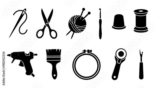 Handmade Craft Tools Icons Set, DIY Sewing Knitting and Artisan Equipment Silhouettes Collection