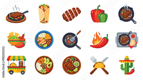 A vibrant collection of Mexican food illustrations, showcasing tacos, burritos, sizzling steaks, guacamole, and peppers, presented in a lively and colorful graphic style.