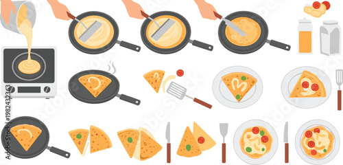 Flat Vector Illustration Set Depicting Step by Step Cooking Process of French Crepes and Pancakes with Frying Pan, Batter, and Serving Suggestions