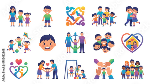 A vibrant collection of diverse family and community illustrations showcasing togetherness, love, and childhood activities.