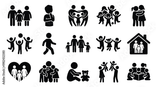 Collection of diverse family and people icons representing various relationships, activities, and living situations.
