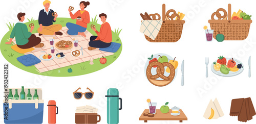 Flat Vector Illustration Set of People Having a Summer Picnic in the Park with Baskets, Snacks, Drinks, Cooler, and Outdoor Leisure Activity Graphic Elements