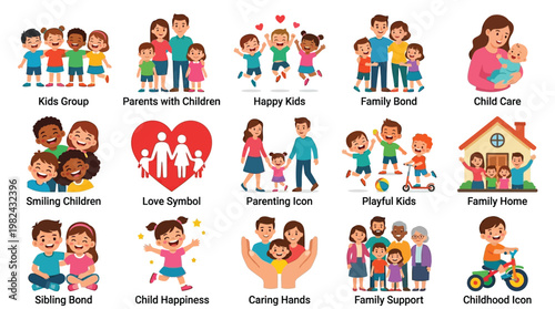 A vibrant collection of 15 diverse icons depicting various aspects of family life, childhood, and parenting, showcasing happiness, love, and support.
