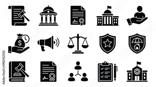 Collection of legal and government icons representing justice, law, and public services.