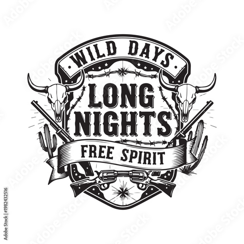 Wild west themed logo with cow skulls and guns isolated on white background