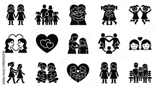 Collection of diverse family and relationship icons depicting people of various ages and configurations, celebrating togetherness and connection.