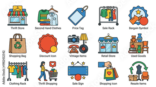 Collection of flat design icons representing various aspects of thrift shopping, retail, and second-hand goods.