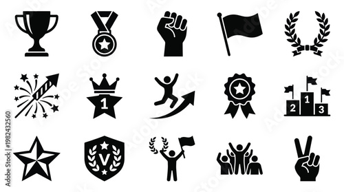 Collection of black and white icons representing achievement, victory, and success in various forms.