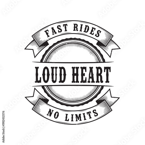 Black and white vector graphic with loud heart text and ribbons