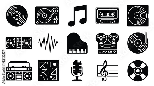 A collection of black and white icons representing various music-related items and concepts, including turntables, records, a piano, a microphone, and audio equipment.