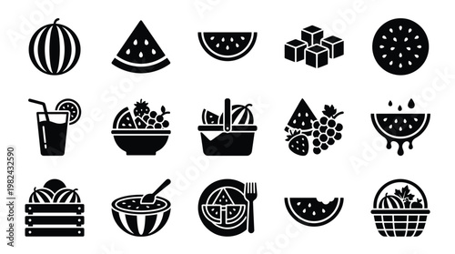 A collection of black and white icons representing various aspects of watermelon and fruit consumption, including whole fruits, slices, juice, and prepared dishes.