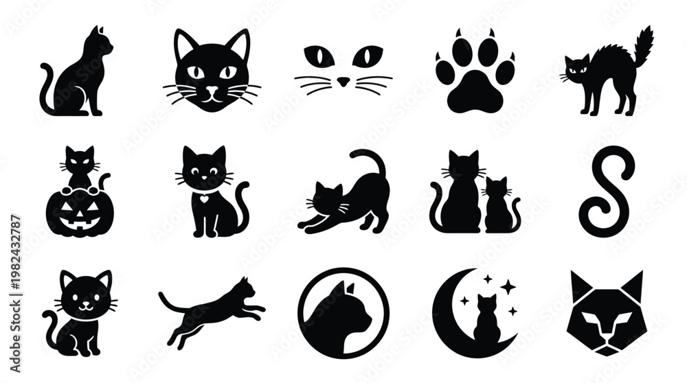 Fototapeta premium Collection of black cat icons and illustrations, featuring various poses, silhouettes, and stylized designs.