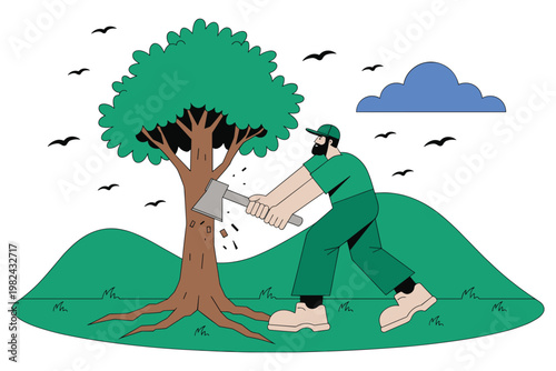 A strong man chopping a tree with an axe in a field.