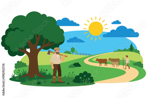 A man with axe standing under tree, another man with cows walking on path.