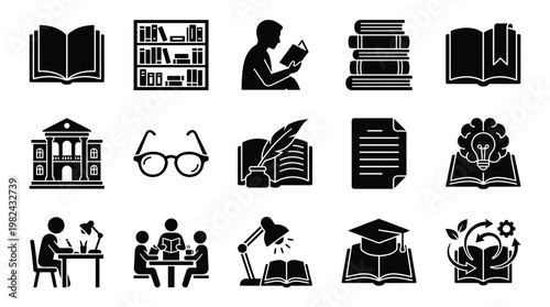 Collection of black and white icons representing various aspects of education, learning, and knowledge acquisition.