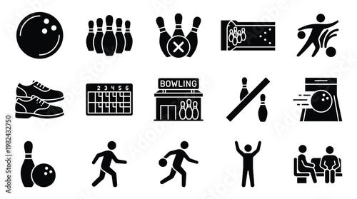 Collection of bowling icons representing various aspects of the sport, including equipment, actions, and facilities.