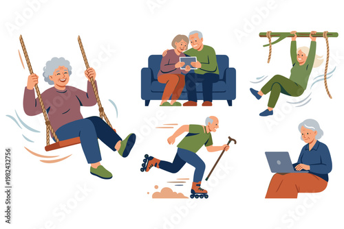 Active seniors enjoying leisure time with hobbies and recreation in a vibrant colorful style.