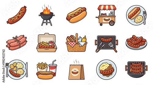 A vibrant collection of hot dog and sausage-themed illustrations, featuring grilling, serving, and various accompaniments.