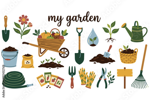 Assortment of garden tools and plants for home gardening with my garden text.