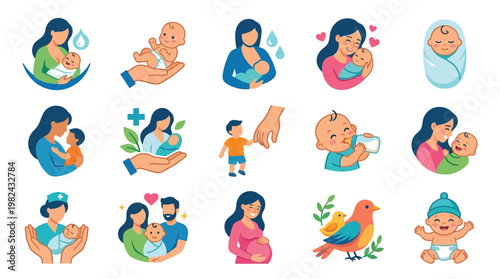 Collection of illustrations depicting motherhood, childcare, pregnancy, and family bonding, showcasing nurturing moments and parental care.