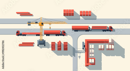 Industrial Logistics and Construction Site Scene with Tower Crane, Delivery Trucks, and Cargo in Minimalist Isometric Style